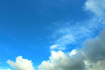 Beautiful blue sky and cumulus white clouds. Background. Landscape.