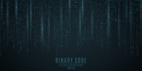 Binary code background. Blue glow. Falling figures. Blurring of figures in motion. Global network. High technologies, programming, sci-fi. Vector illustration