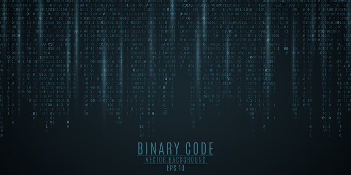 Binary code background. Blue glow. Falling figures. Blurring of figures in motion. Global network. High technologies, programming, sci-fi. Vector illustration