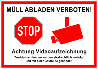 vss59 VideoSurveillanceSign vss - ks325 Kombi-Schild - Müll abladen verboten! - Achtung Videoaufzeichnung - Zuwiderhandlungen werden strafrechtlich verfolgt - DIN A1 A2 A3 - xxl g6206