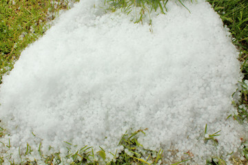 A pile of white hail piled on the grass. Close-up. Background.