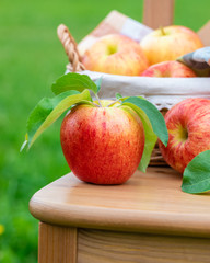 Red and yellow ripe apples Gala sort in the basket on wooden background