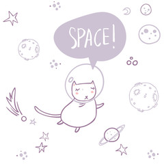 Cute cat flying in space sleeping surrounded by stars, planets. asteroids. Hand lettering. Simple sweet kids nursery illustration. Graphic design for apparel. Graphic design for print.