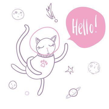 Cute cat flying in space surrounded by stars, planets. asteroids. Hello hand lettering. Simple sweet kids nursery illustration. Graphic design for apparel.