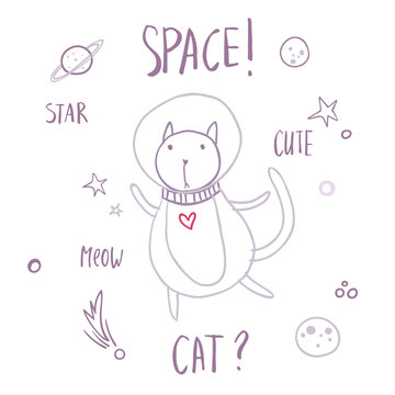 Cute cat flying in space sleeping surrounded by stars, planets. asteroids. Hand lettering. Simple sweet kids nursery illustration. Graphic design for apparel.