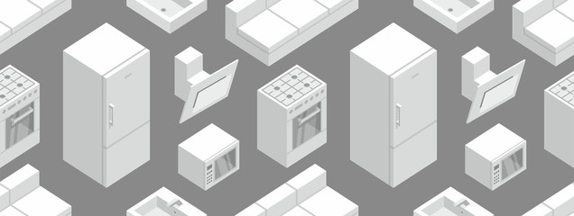 Seamless pattern with Isometric Kitchen Furniture, flat style. isolated on black background