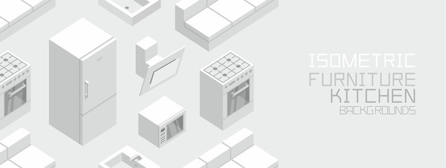 Isometric Kitchen Furniture, flat style. isolated on gray background