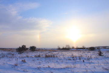 The halo phenomenon. Sunrise. Landscape. Russia, January, 2018.
