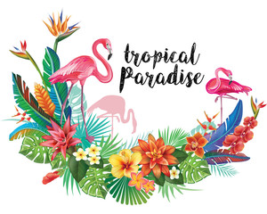 Flamingoes with tropical flowers - obrazy, fototapety, plakaty