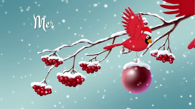 Christmas animated card with rowan branch, red birds, Christmas toy and greeting text Merry Christmas!