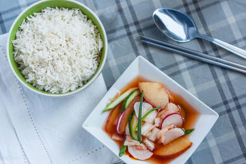 Nabak kimchi, fruit and vegetable kimchi, red water kimchi, banchan, sidedish, korean pickles with...