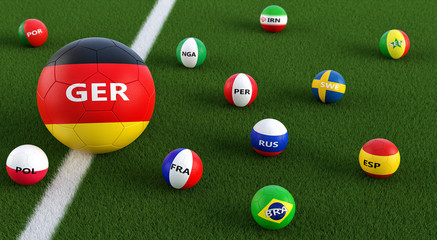 Big Soccer ball in Germany national colors surrounded by smaller soccer balls in other national colors. 3D Rendering 