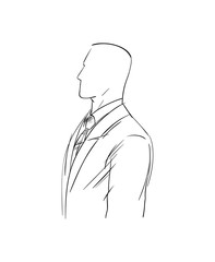 Businessman in an official business suit wearing a jacket and tie, silhouette of a boss for a logo. Man in strict men's clothing, politician or a lawyer image, black lines drawn sketch. Vector