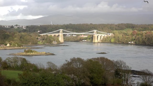 Menai Bridge and the Straits at sunset Isle of Anglesey North Wales