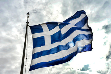 Obraz premium Blue White Greek Flag Sun Summit Acropolis Athens Greece