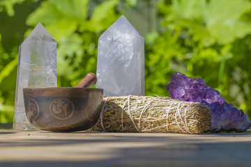 Beautiful Singing Bowl with Sage and Crystals Close Up