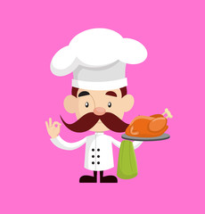 Cartoon Chef ready to serve chicken Flat Vector Illustration Design