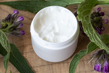 Obraz na płótnie Canvas A jar of comfrey cream with fresh symphytum plant