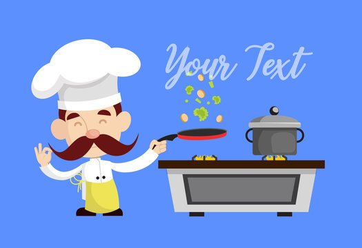Cartoon Chef cooking and frying Flat Vector Illustration Design