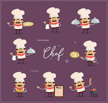 various Poses of cook and Chef Flat Vector Illustration Design