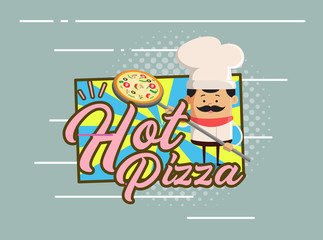 Cartoon Chef - Hot Pizza Flat Vector Illustration Design