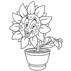 Naklejka premium Sunflower. Sun flower in a pot. Coloring page. Colouring picture. Coloring book. 
