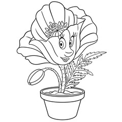 Poppy flower in a pot. Coloring page. Colouring picture. Coloring book. 
