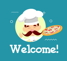 Cartoon Chef welcome with pizza Flat Vector Illustration Design