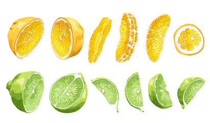Fruit set with lime and orange in halves and slices