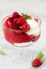 Strawberry Sunday with raspberries, decorated with mint leaves and served in a classic old glass goblet.
