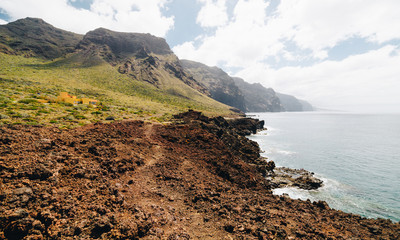 Green, but volcanic and rocky landscape of Tenerife island with Los Gigantes Cliffs behind