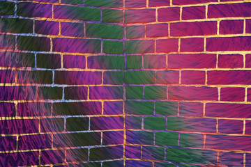 Hallucinogen surreal brick wall. Varicolored exotic brown fluorescent uneven wall. Haunted...
