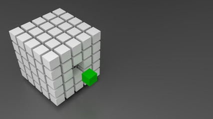 Great white cube consisting of several small white cubes and one green one in front of a gray background as 3d rendering