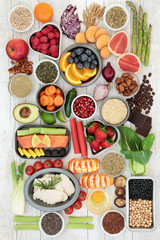 Diet food sampler with herbs used as appetite suppressants, seafood, chicken, fruit, vegetables, nuts, seeds, grains &  legumes. Superfoods high in omega 3, antioxidants, anthocyanins, fibre & vitamin