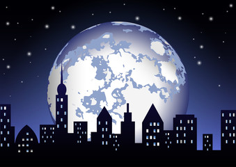 The full moon shines on the night city.