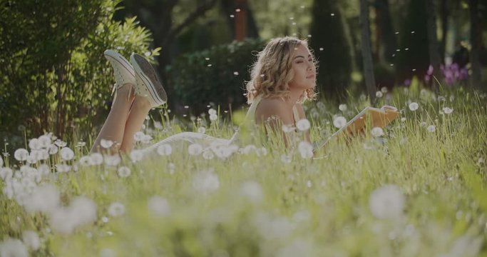 beautiful Asian girl surrounded by dandelions in the Park on a Sunny day with a book, having fun slow motion