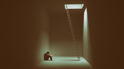 Ein Mann sitzt traurig in einem Raum mit Leiter