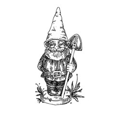 Figure of garden gnome with shovel. Sketch. Engraving style. Vector illustration. - obrazy, fototapety, plakaty