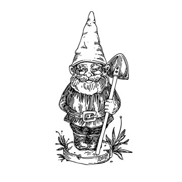 Figure of garden gnome with shovel. Sketch. Engraving style. Vector illustration.