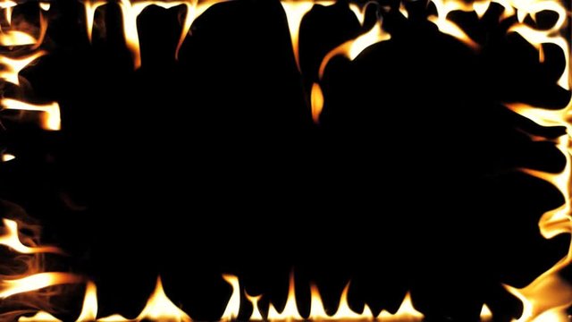 Highly detailed flame border . Realistic  Fire Border . Transparent background. PNG + Alpha . A line of real flames ignite on a black background. Real fire - Slow Motion .  