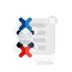 Flat design cross shape geometric sticker icon, paper style design with buy now sample text, for business or web presentation, app or interface buttons