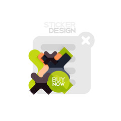 Flat design cross shape geometric sticker icon, paper style design with buy now sample text, for business or web presentation, app or interface buttons