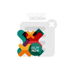 Naklejka premium Flat design cross shape geometric sticker icon, paper style design with buy now sample text, for business or web presentation, app or interface buttons