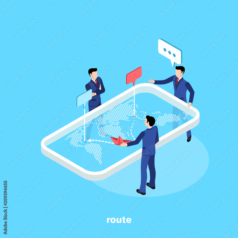 Poster men in business suits lay a route for a paper boat on a table with a world map, an isometric image