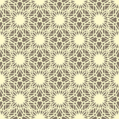 Openwork pattern of yellow color for a tablecloth, napkins. Tracery yellow seamless pattern. Vector ilustration.