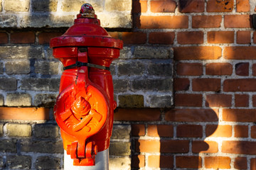 A red and rusty fireplug enlightened by the sun against a red brick wall creating some beautiful...