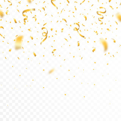 Golden confetti and festive ribbons. Falling realistic glitters with confetti, defocused and bokeh effect, transparent background