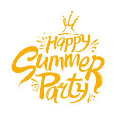 Happy Summer Party Logo. Template for the seasonal party. Handwritten font and crown vector yellow pattern.