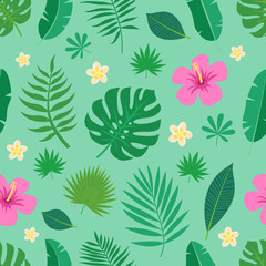 Fototapeta na wymiar Exotic seamless colorful pattern with tropical jungle leaves and flowers of plumeria and hibiscus on green background. Floral modern pattern for textile, manufacturing etc. Vector illustration