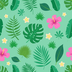 Exotic seamless colorful pattern with tropical jungle leaves and flowers of plumeria and hibiscus on green background. Floral modern pattern for textile, manufacturing etc. Vector illustration